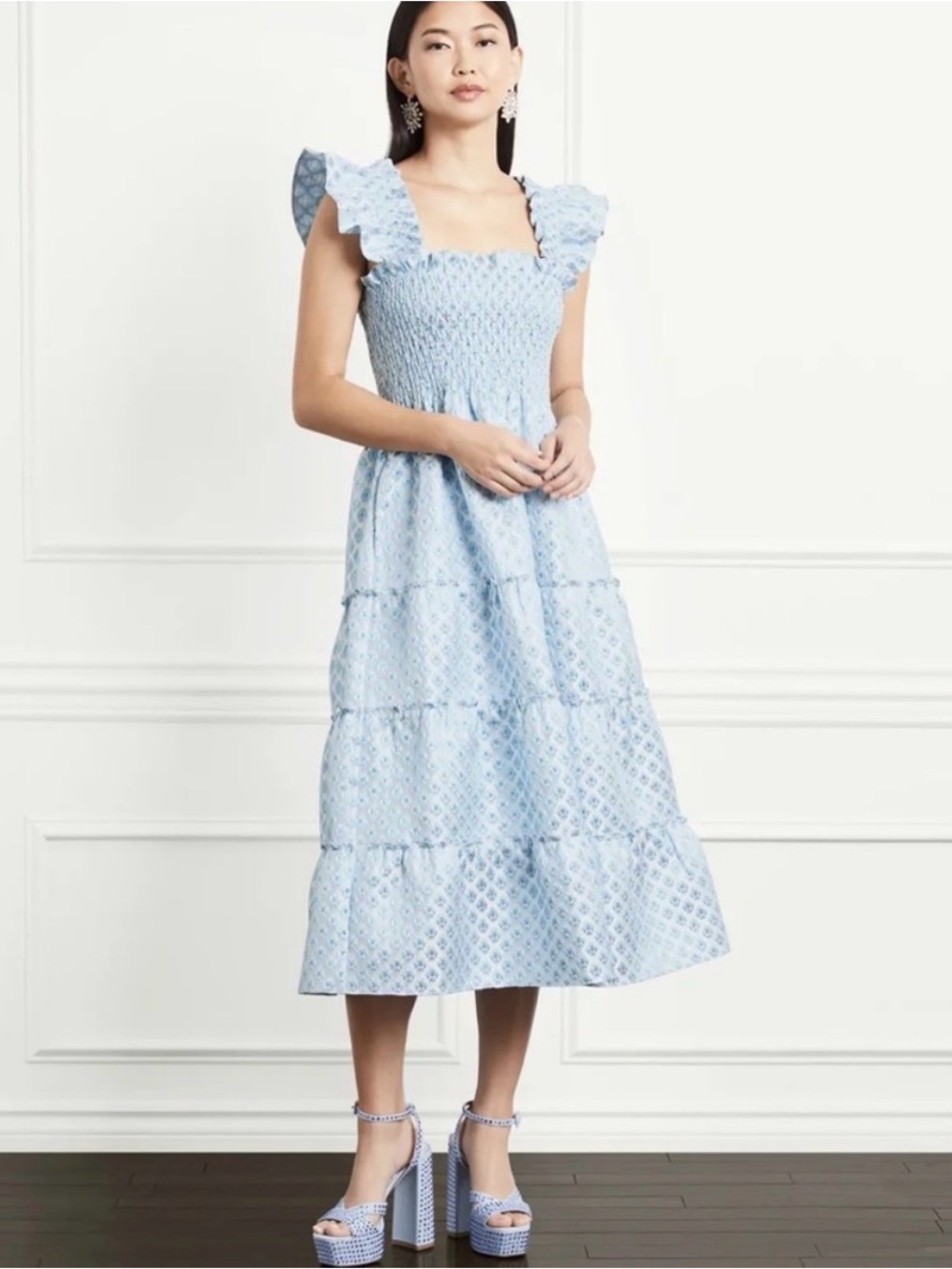 Hill House Smocked Square-Neck Tiered Midi Dress in Light Blue